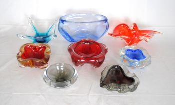 A collection of art glass bowls and dishes, including Murano, Whitefriars etc.