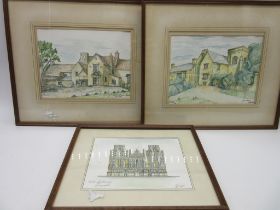 Three watercolours, Wells Cathedral and two local scenes, all signed A Bishop