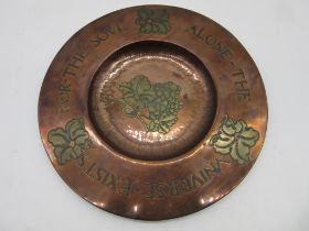 A hammered copper plate "For the soul alone the universe exists" diameter 32cm