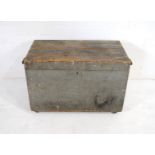 A grey painted carpenters trunk, containing a small quantity of tools - length 96.5cm, depth 51cm,