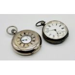 A continental silver half hunter pocket watch along with a continental silver fob watch