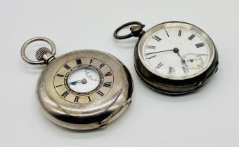 A continental silver half hunter pocket watch along with a continental silver fob watch