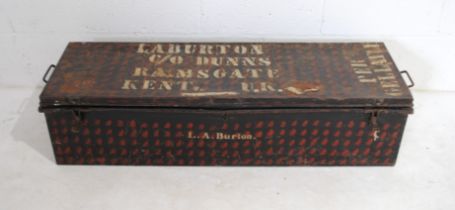 A painted mottled metal 'Alkit' military trunk, named to 'L. A. Burton' - length 115cm