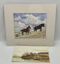 An unframed watercolour of heavy horses being led whilst pulling a plough signed S.Mouncey, along