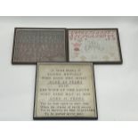 Three framed samplers, one dedicated to the sacred memory of Elisha Metcalf who died in 1866,