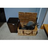 A mixed lot, including vintage fire bellows, knife sharpening block, wicker picnic hamper etc.