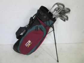 A set of left handed Ping Zing irons (3-9 and putter) along with a Regal "grasshopper" in carry bag