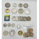 A collection of coins including a number of silver examples including, 1863 Mexico 8 Reales, 1960