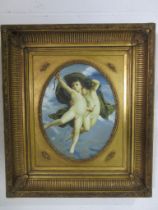 An unsigned oil painting of Cupid on canvas in ornate gilt frame, overall size of frame 72cm x 62cm