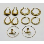 Five pairs of 9ct gold hoop earrings along with an unmarked pair of gold and pearl earrings and