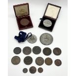 A collection of copper coins and medallions including The return to Parliament of the twelve