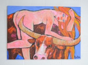 A mixed media of a nude lady on a highland cow, signed 'Larisa' - 90cm x 65cm