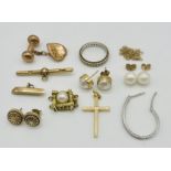 A collection of 9ct gold including a cross and fine gold chain, pair of earrings etc. (weight 13.7g)