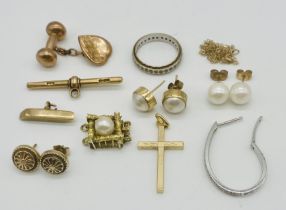 A collection of 9ct gold including a cross and fine gold chain, pair of earrings etc. (weight 13.7g)