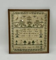 An antique sampler decorated with trees, animals and a verse "I wonder what it is to die, it seems