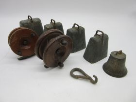 Four rustic cow bells, two wooden fishing reels etc.