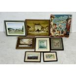 A collection of framed (except one) watercolours, oils and prints. Legible signatures include "The