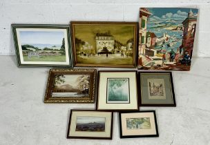 A collection of framed (except one) watercolours, oils and prints. Legible signatures include "The