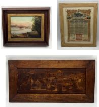 An unsigned Victorian oil painting of a landscape scene along with a framed Chinese government