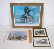 A framed signed railway print by Terence Cuneo, along with three other railway related pictures