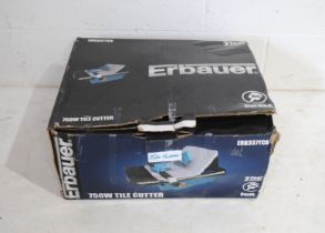 A boxed Erbauer ERB337TCB 750w tile cutter, with instructions