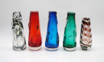 Three Whitefriars coloured knobbly vases, along with a Whitefriars streaky knobbly vase and a Murano