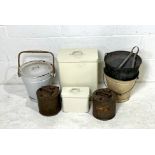 An assorted lot of galvanised buckets, two vintage petrol cans plus two enamelled Laundry tins