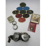 A collection of canal related brass plaques, goggles, pocket watch (A/F), miniature etc