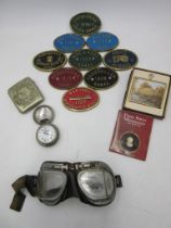 A collection of canal related brass plaques, goggles, pocket watch (A/F), miniature etc