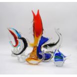 A collection of seven art glass fish, including a large Murano swordfish vase (A/F)