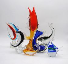 A collection of seven art glass fish, including a large Murano swordfish vase (A/F)