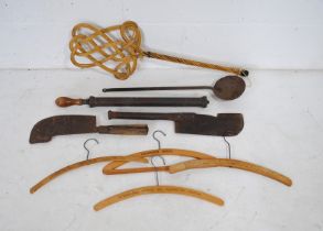A mixed lot, including two billhooks - one marked 'C. Johnson, Sheffield', an adjustable plunger