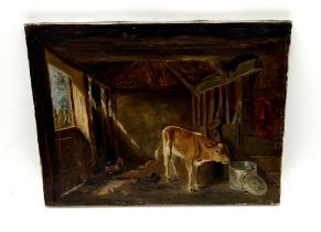 An unsigned oil on canvas painting of a calf in a stable. Unframed overall size 30cm x 41cm.