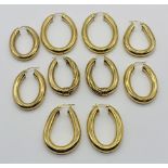 Five pairs of large 9ct gold hoop earrings, total weight 27.6g