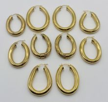 Five pairs of large 9ct gold hoop earrings, total weight 27.6g