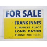 A vintage Frank Innes 'For Sale' metal double sided advertising sign for 61 Market Place, Long Eaton