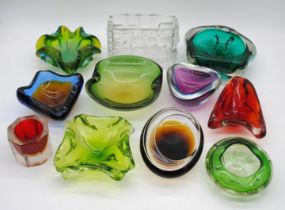 A collection of art glass bowls, including a Sklo Union clear glass trough, a Whitefriars blue lobed