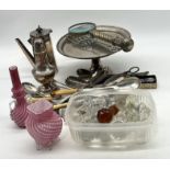 An assortment of vintage silver plated items, a collection of bottle stoppers and two Nailsea