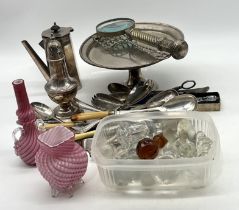 An assortment of vintage silver plated items, a collection of bottle stoppers and two Nailsea