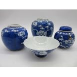 Three blue and white Chinese ginger jars (2 with no lids) along with an Oriental bowl