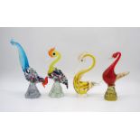 A collection of four art glass birds, including a Murano rooster, Murano swan etc - one A/F