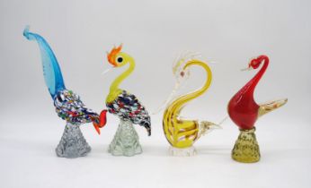 A collection of four art glass birds, including a Murano rooster, Murano swan etc - one A/F