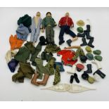 Three vintage Mintex Action Man style figures (one leg A/F), along with a selection of accessories