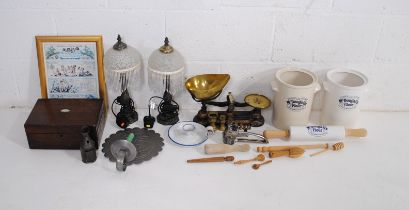 A mixed lot, including various vintage kitchenalia, a set of scales and weights, pair of table