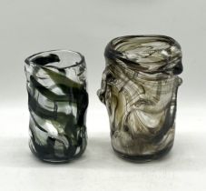 Two Whitefriars knobbly glass vases. Heights 22cm and 19cm