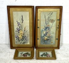 A pair of framed 49cm x 85cm watercolours along with two gilt framed painted on glass floral