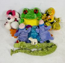 A collection of soft toys including an over-sized frog, Steiff polar bear, Sully from Monster Inc,