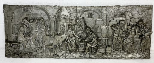 A large French plaster wall plaque depicting a tavern scene -