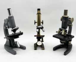 A collection of three microscopes including brass example by R & J Beck, Prior etc.