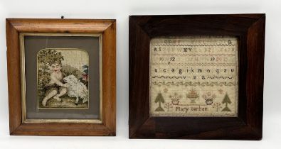 An antique sampler sewn by Mary Barber (A/F) along with a framed tapestry of a cherub and lamb